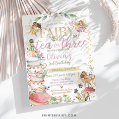 Editable Fairy Tea Party Invitation, Whimsical Floral 3rd Birthday (Digital Item)