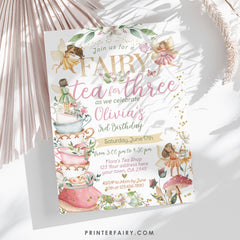 Editable Fairy Tea Party Invitation, Whimsical Floral 3rd Birthday (Digital Item)