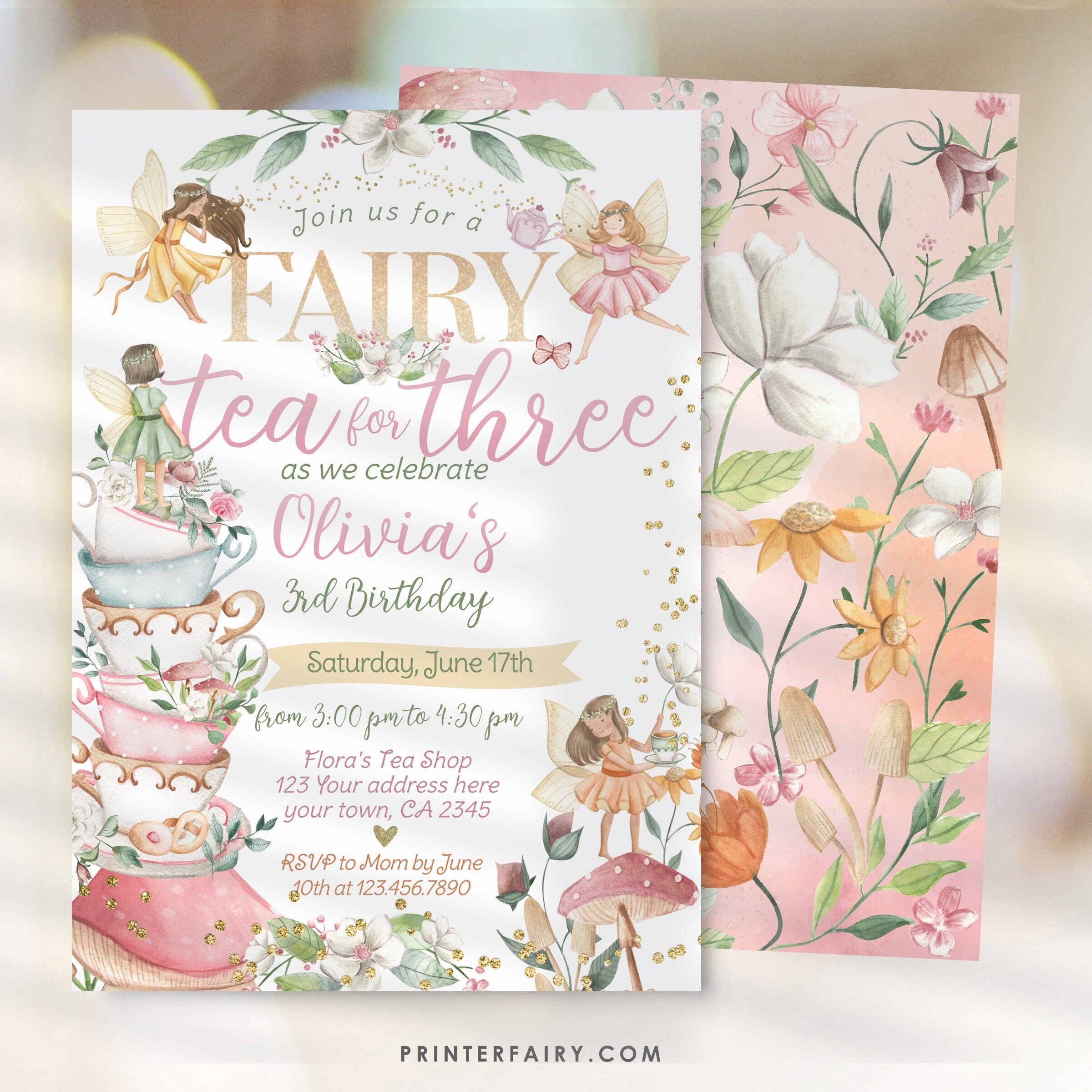 Editable Fairy Tea Party Invitation, Whimsical Floral 3rd Birthday (Digital Item)