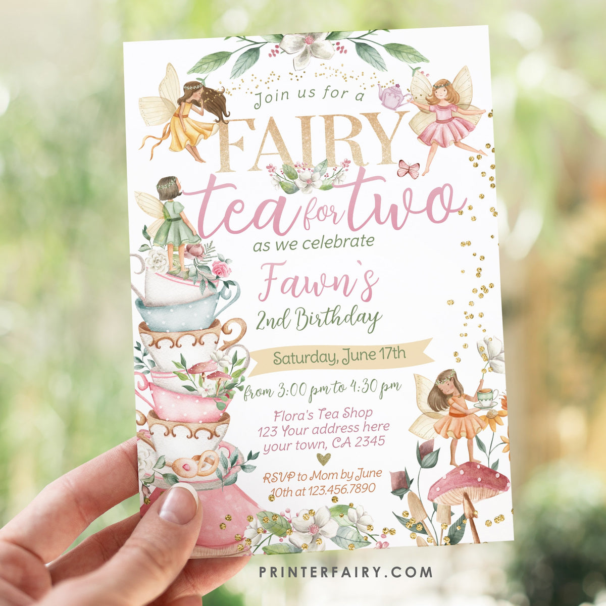 Fairy Tea Party Invitation, Second Birthday, Floral (Editable Digital Download)
