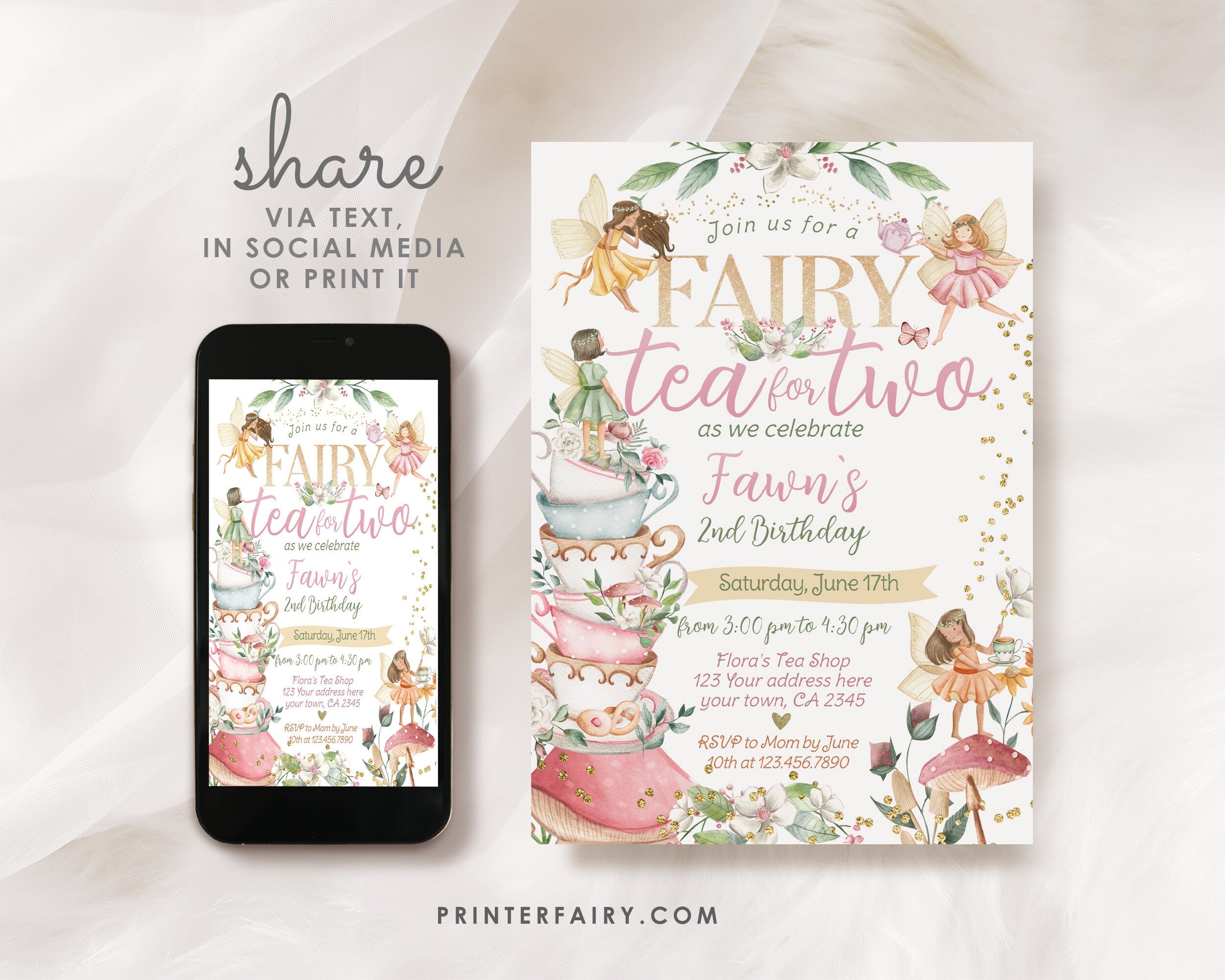 Fairy Tea Party Invitation, Second Birthday, Floral (Editable Digital Download)