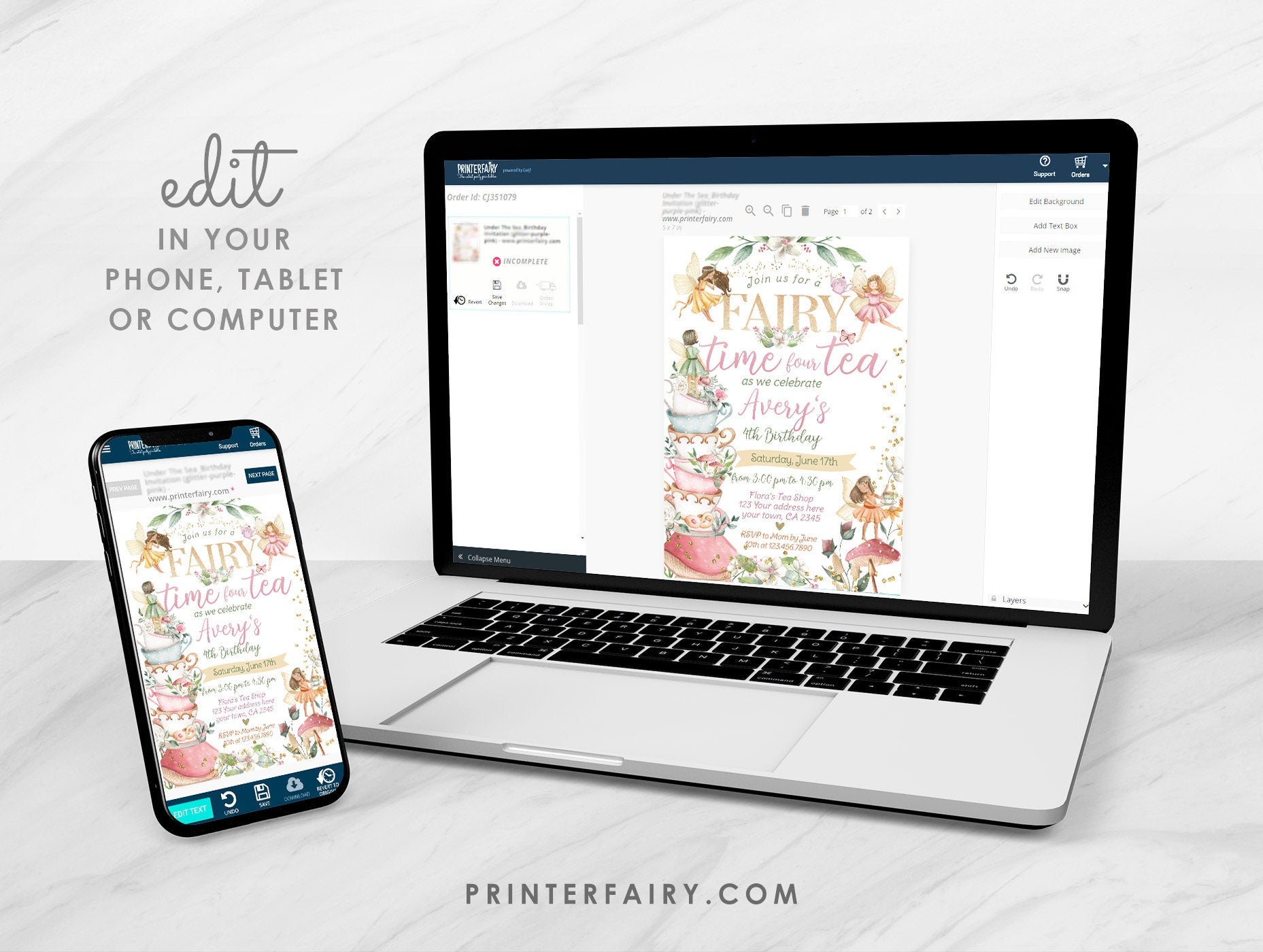 Fairy Tea Party 4th Birthday Invitation, Floral Garden (Editable Digital Item)