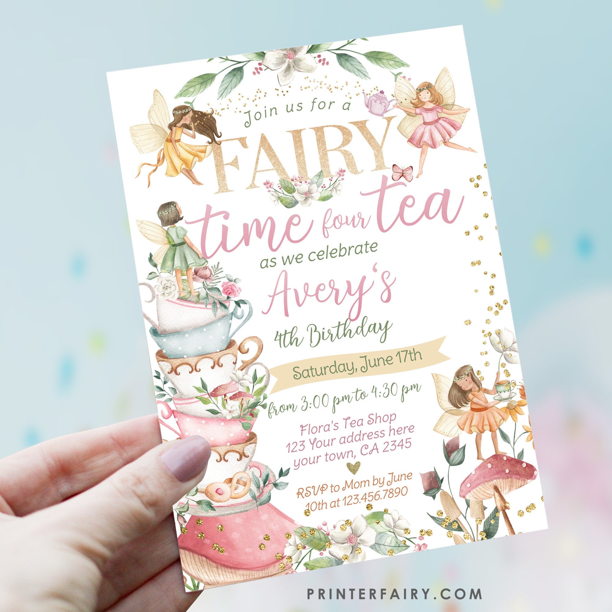 Fairy Tea Party 4th Birthday Invitation, Floral Garden (Editable Digital Item)