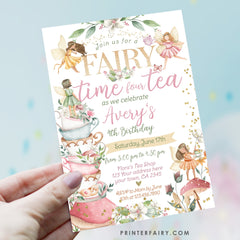 Fairy Tea Party 4th Birthday Invitation, Floral Garden (Editable Digital Item)