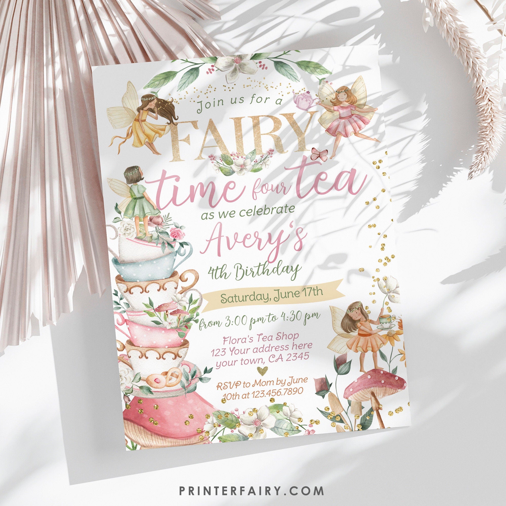 Fairy Tea Party 4th Birthday Invitation, Floral Garden (Editable Digital Item)