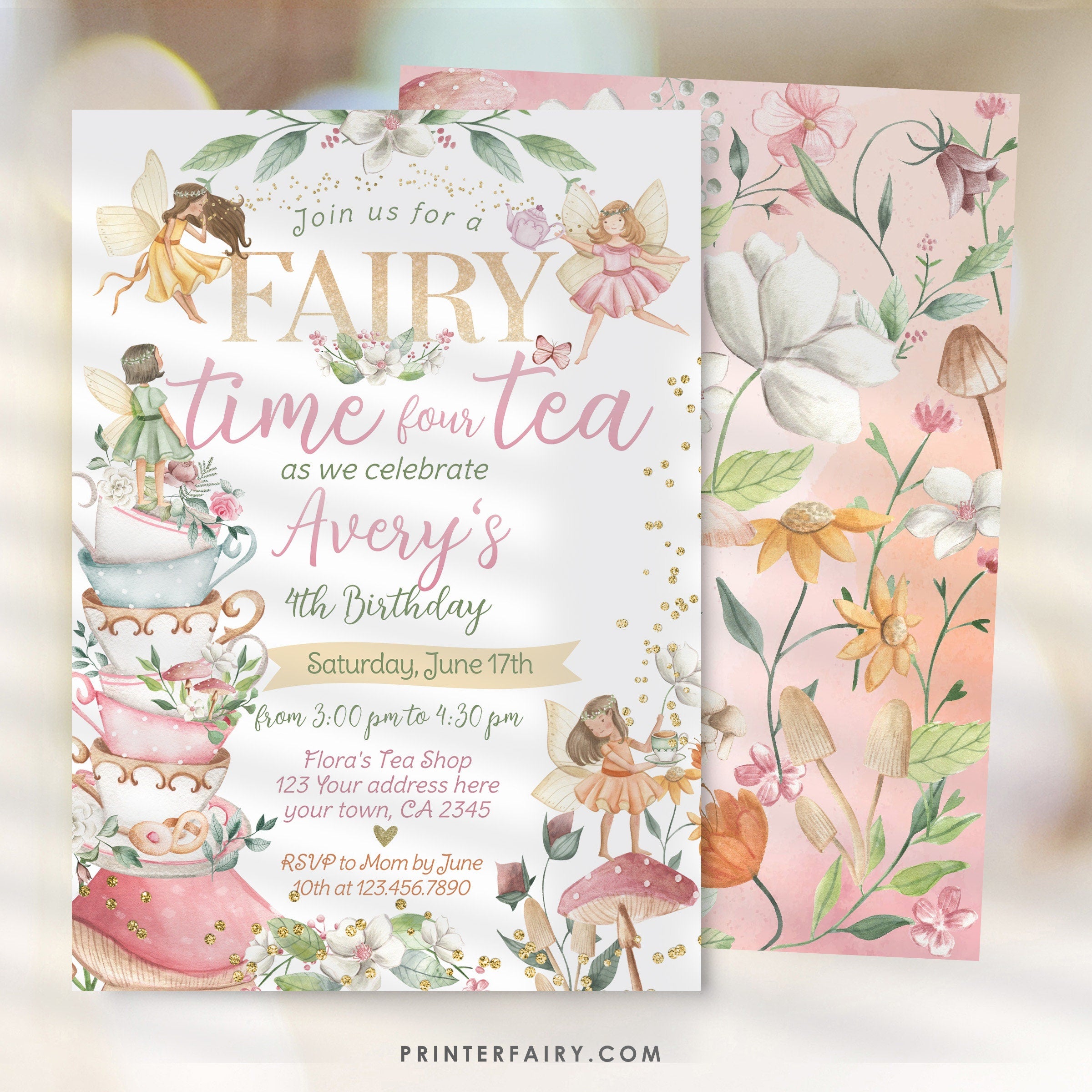 Fairy Tea Party 4th Birthday Invitation, Floral Garden (Editable Digital Item)