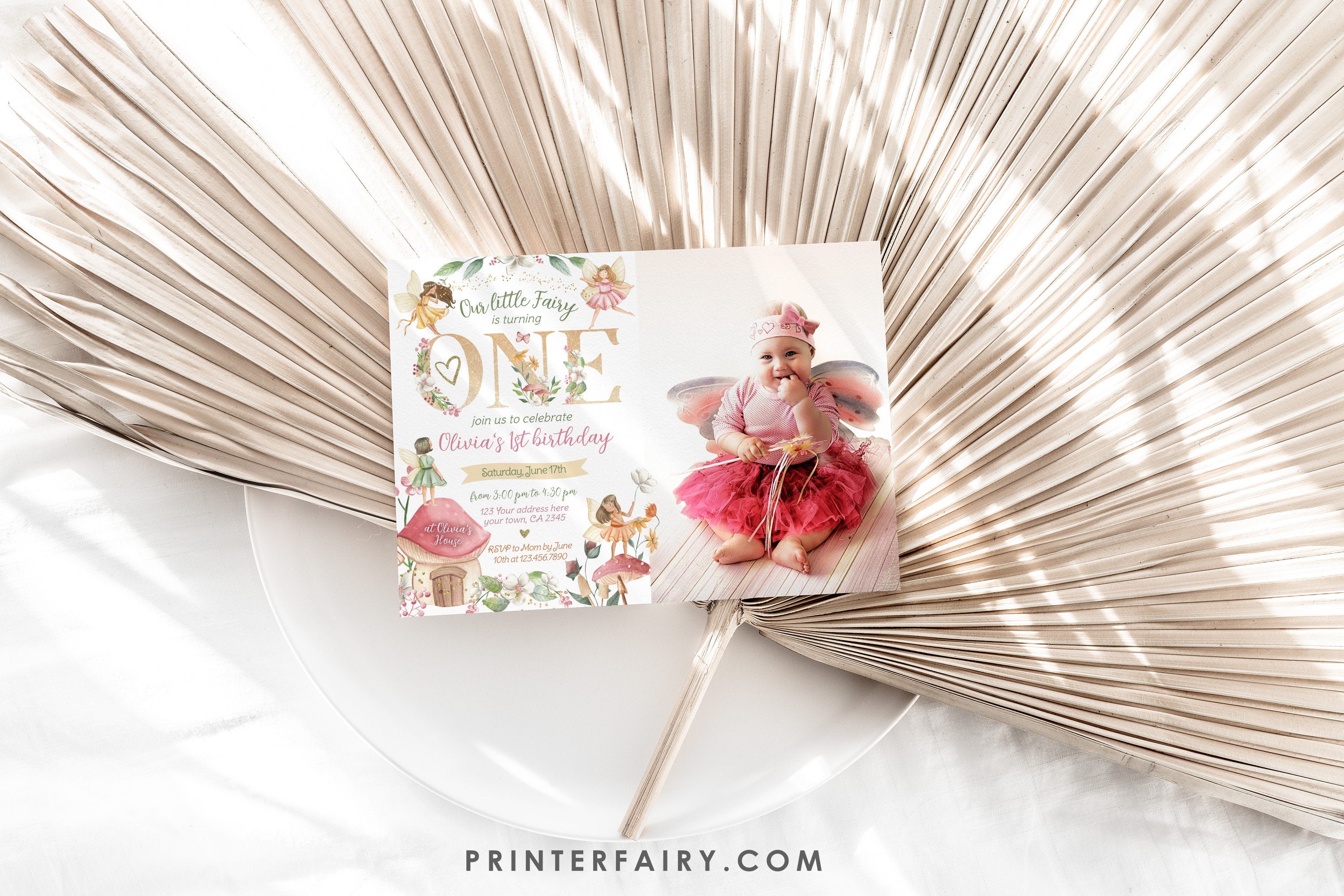 Editable Fairy 1st Birthday Invitation, Fall Floral (Digital Item)
