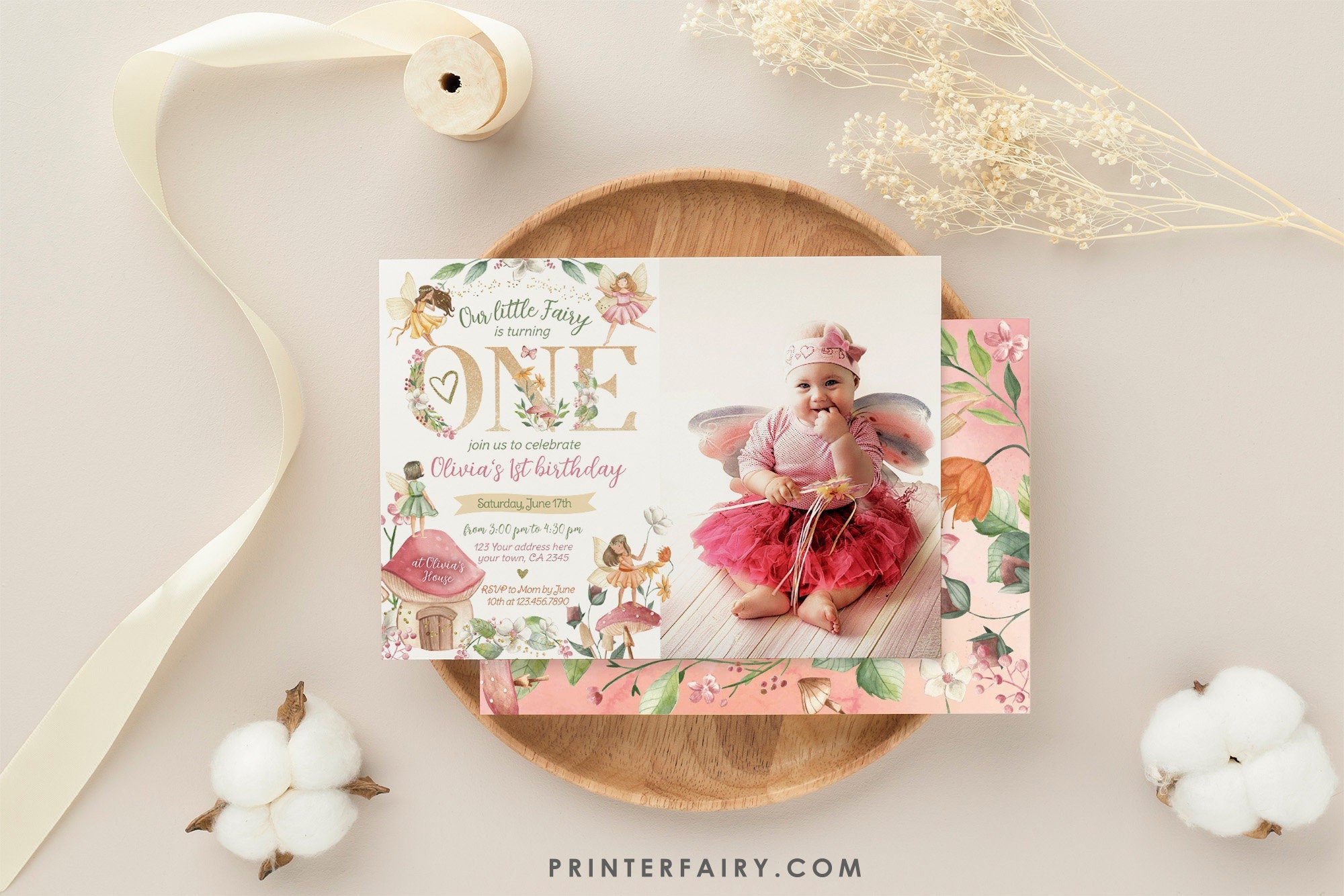 Editable Fairy 1st Birthday Invitation, Fall Floral (Digital Item)