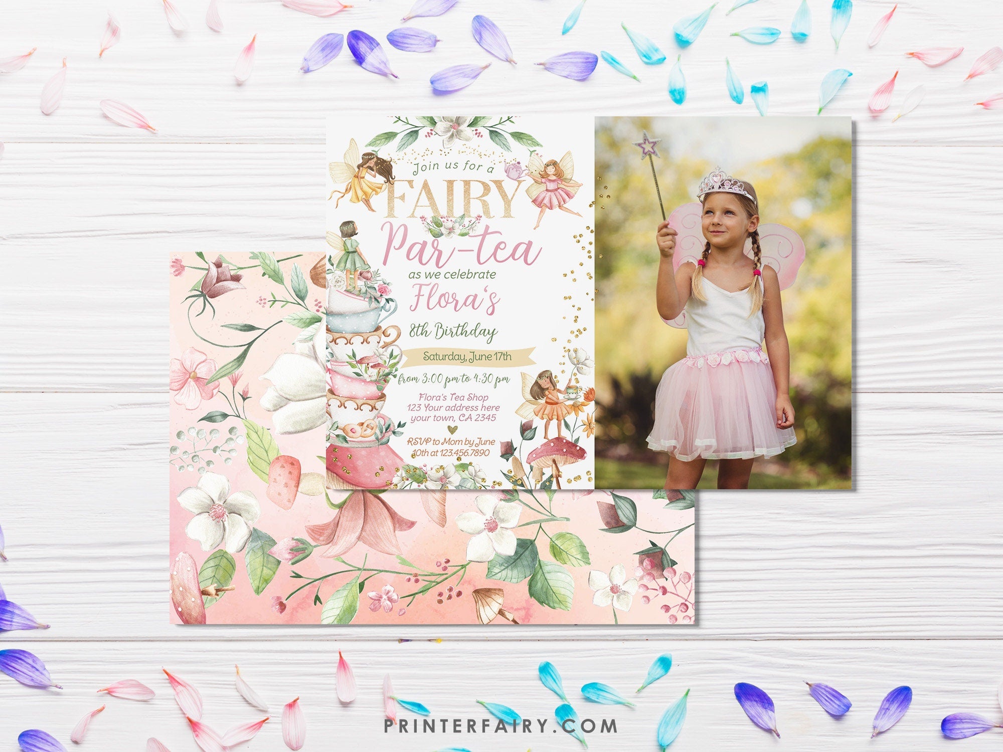 Editable Fairy Tea Party Birthday Invitation, Floral Autumn (Digital)