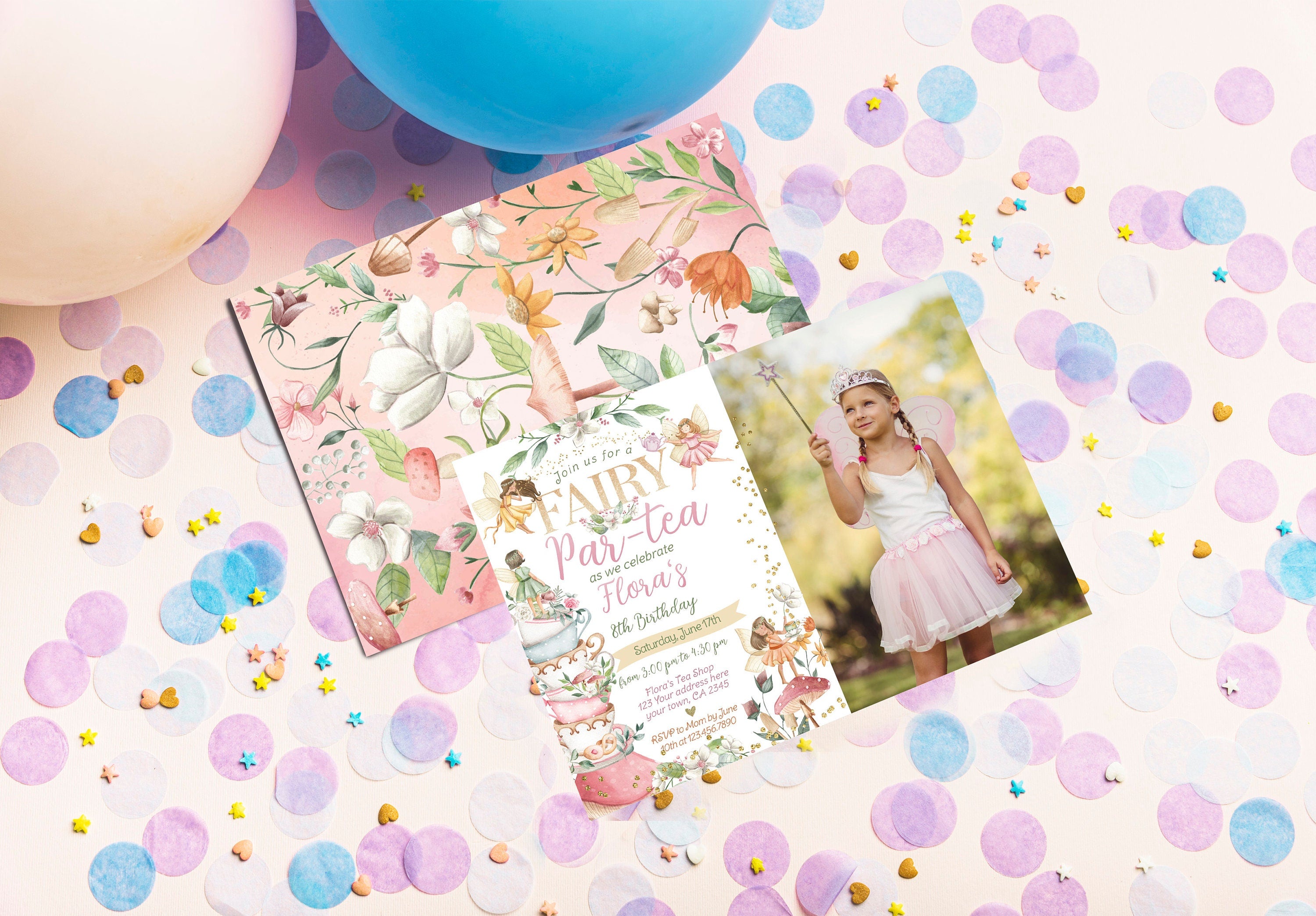 Editable Fairy Tea Party Birthday Invitation, Floral Autumn (Digital)