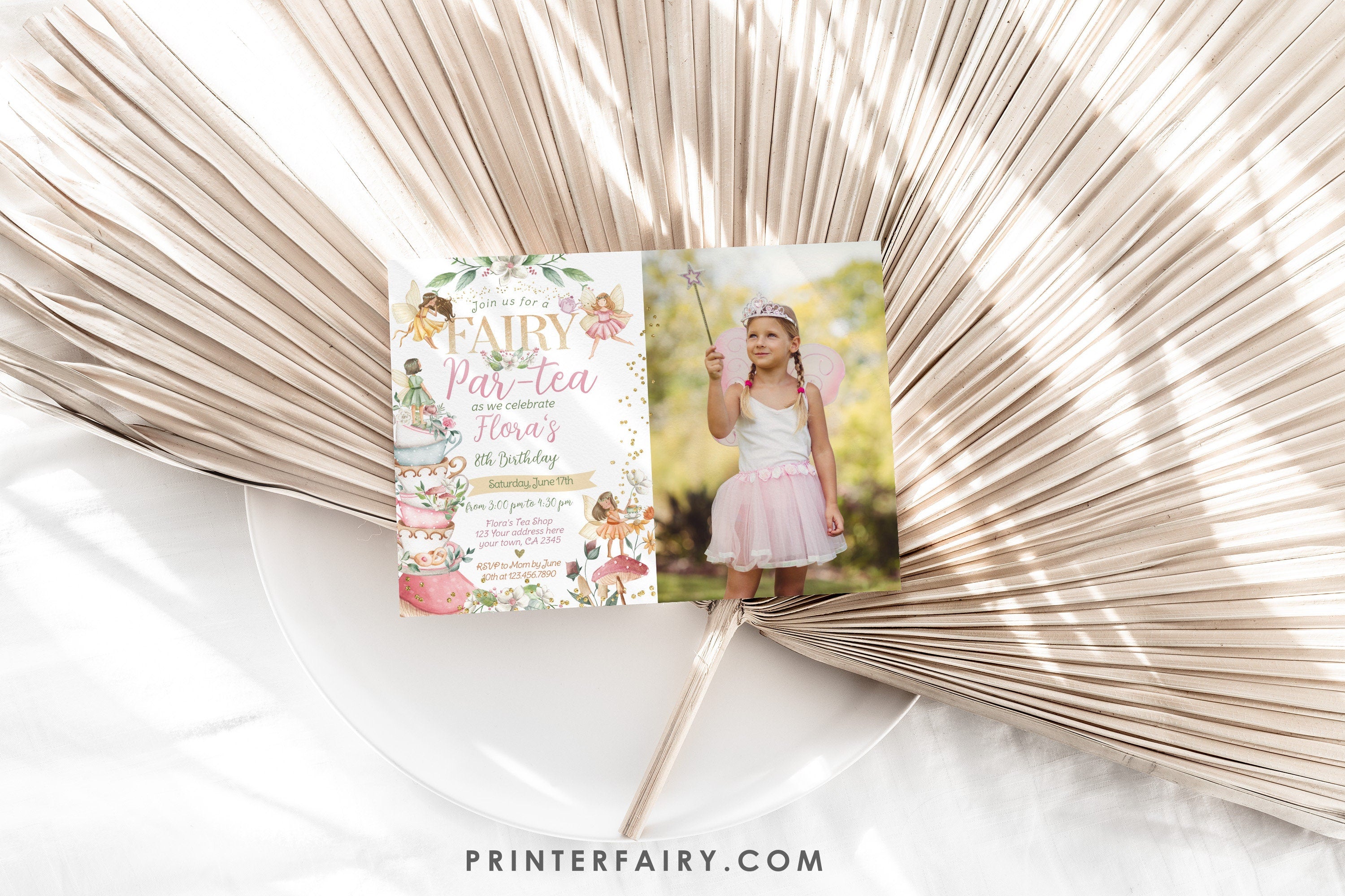 Editable Fairy Tea Party Birthday Invitation, Floral Autumn (Digital)