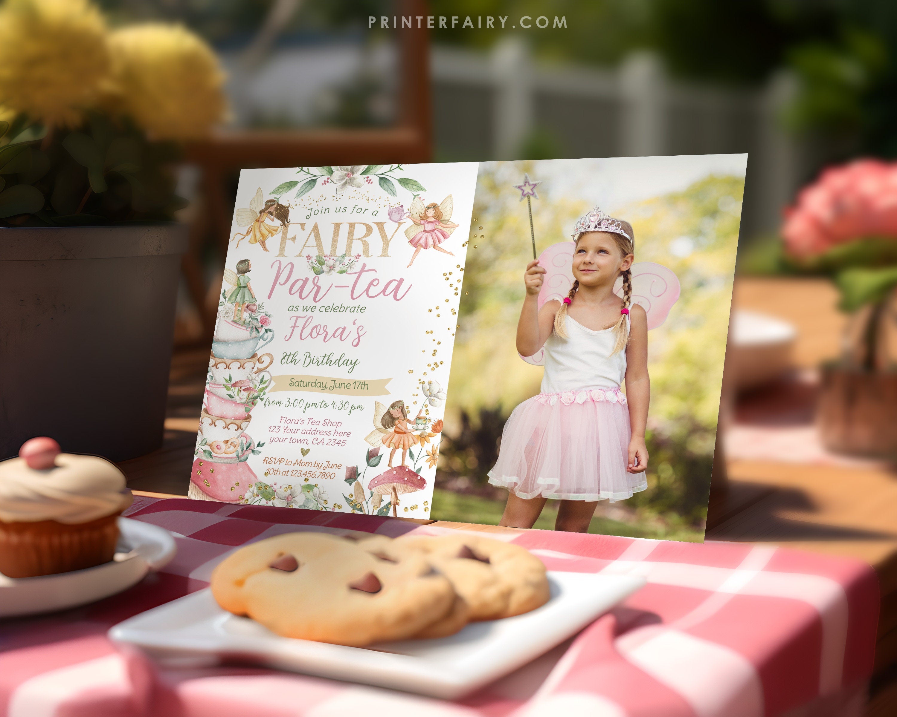 Editable Fairy Tea Party Birthday Invitation, Floral Autumn (Digital)