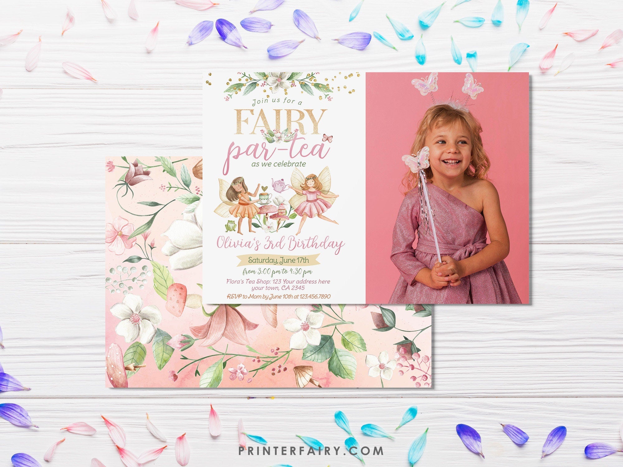 Editable Fairy Tea Party Birthday Invitation with Photo (Digital)
