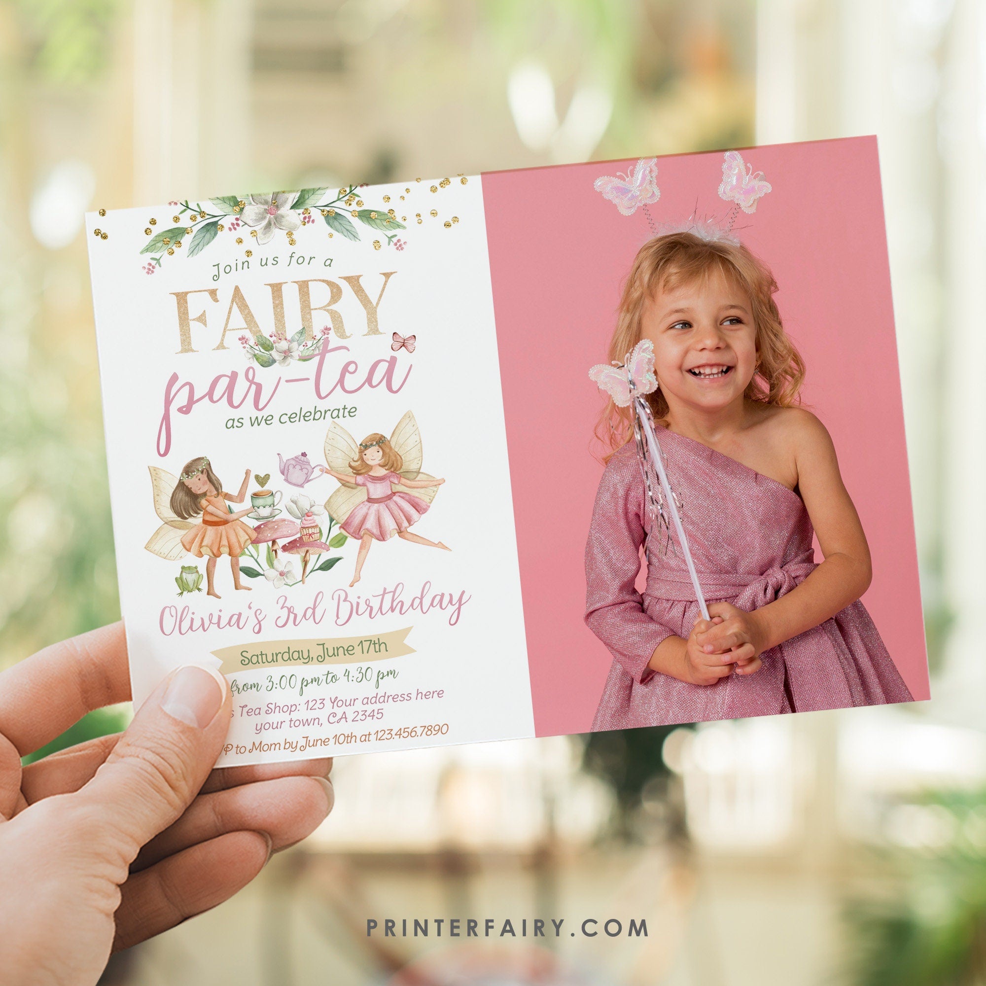 Editable Fairy Tea Party Birthday Invitation with Photo (Digital)