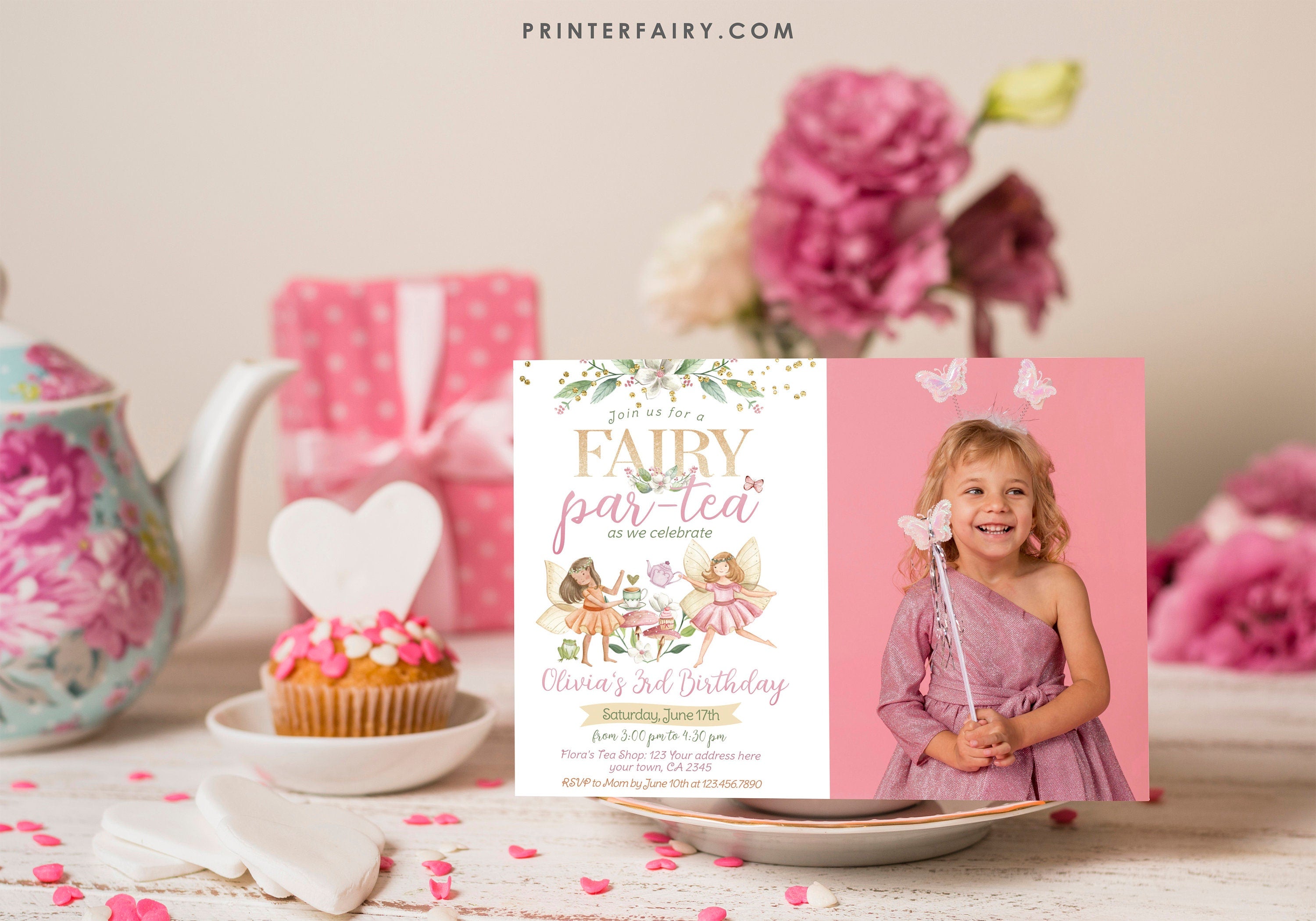 Editable Fairy Tea Party Birthday Invitation with Photo (Digital)