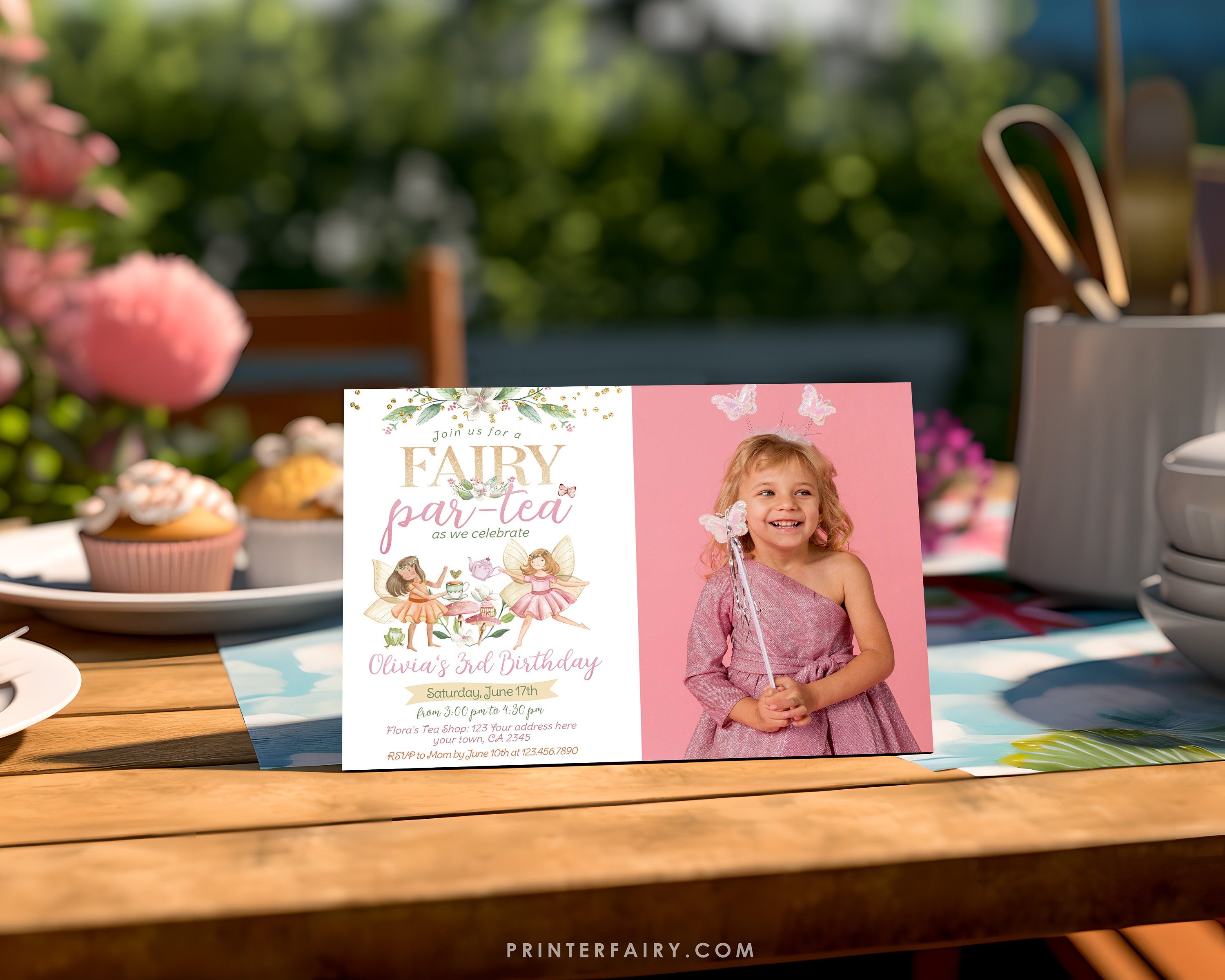 Editable Fairy Tea Party Birthday Invitation with Photo (Digital)