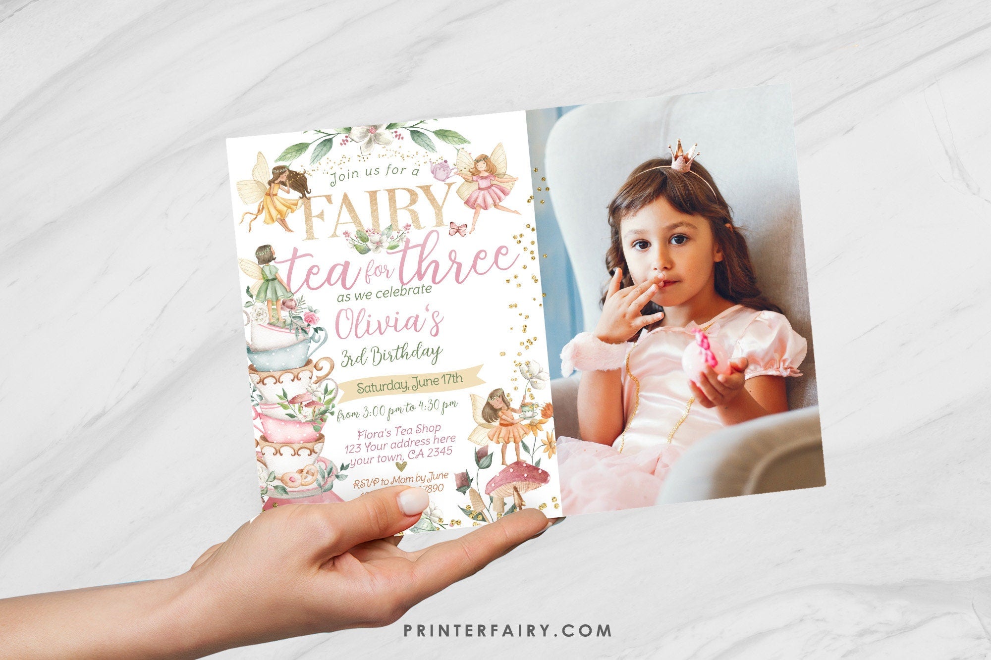 Editable Fairy Tea Party Invitation, Whimsical Floral, 3rd Birthday (Digital Item)