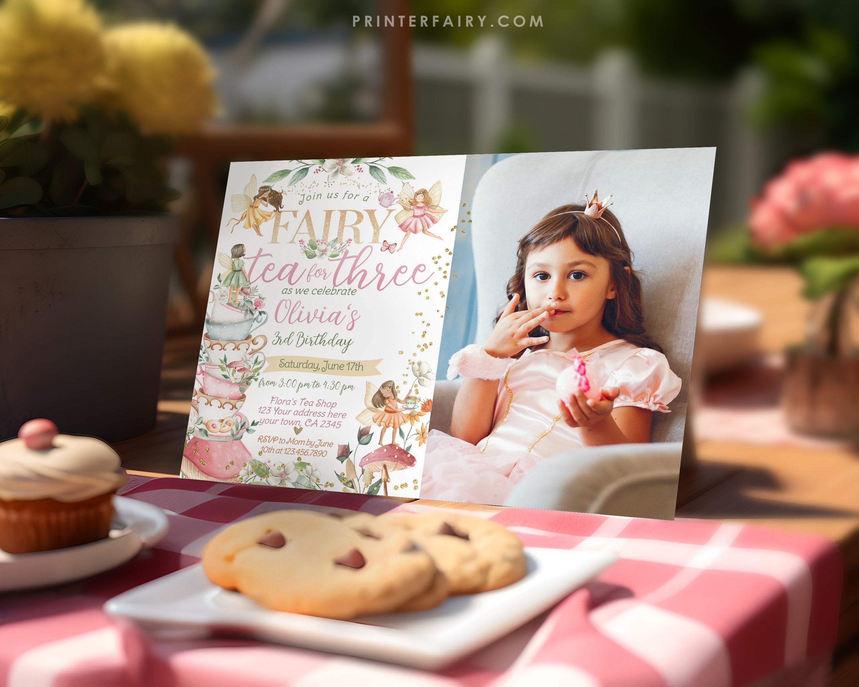 Editable Fairy Tea Party Invitation, Whimsical Floral, 3rd Birthday (Digital Item)