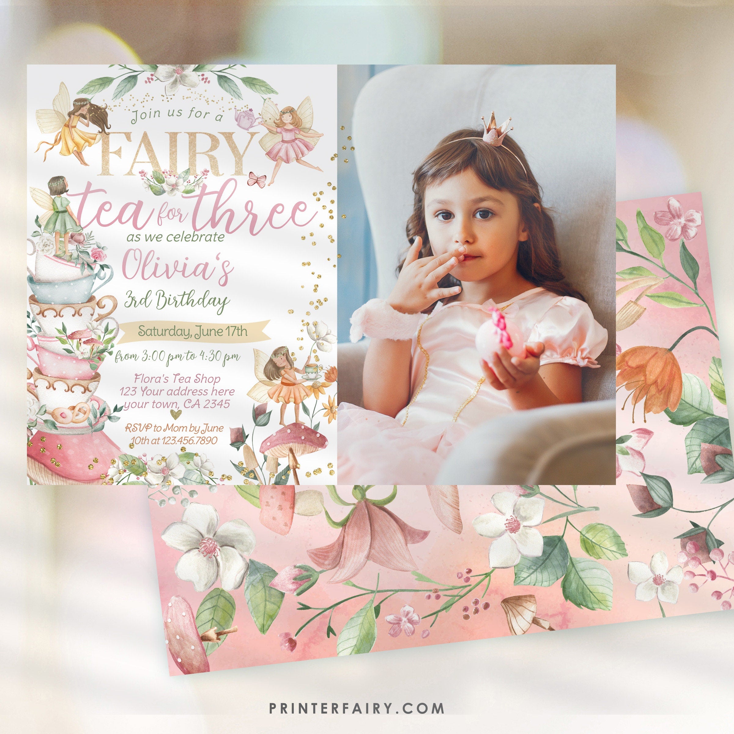 Editable Fairy Tea Party Invitation, Whimsical Floral, 3rd Birthday (Digital Item)