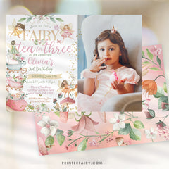 Editable Fairy Tea Party Invitation, Whimsical Floral, 3rd Birthday (Digital Item)