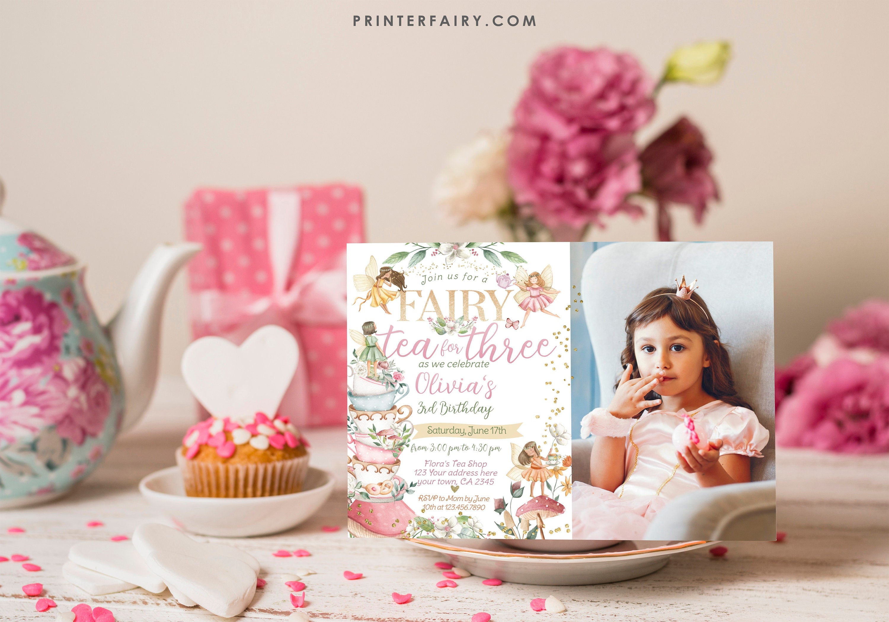 Editable Fairy Tea Party Invitation, Whimsical Floral, 3rd Birthday (Digital Item)
