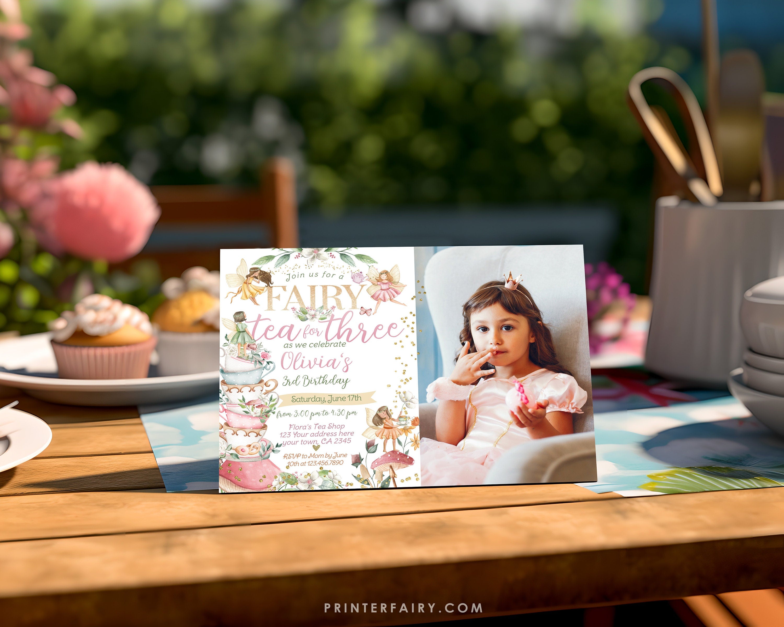 Editable Fairy Tea Party Invitation, Whimsical Floral, 3rd Birthday (Digital Item)