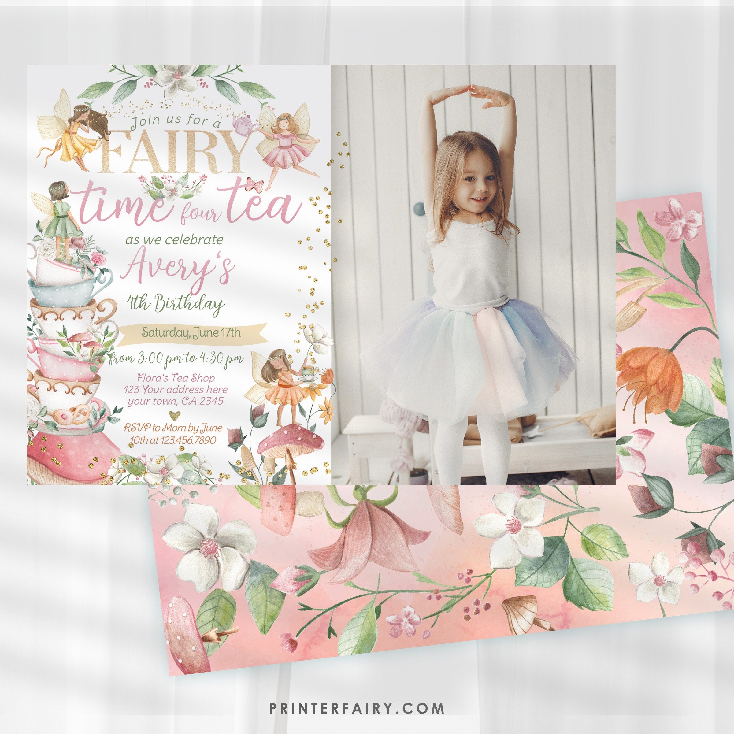 Editable Fairy Tea Party 4th Birthday Invitation with Photo (Digital)