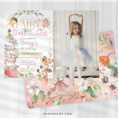 Editable Fairy Tea Party 4th Birthday Invitation with Photo (Digital)