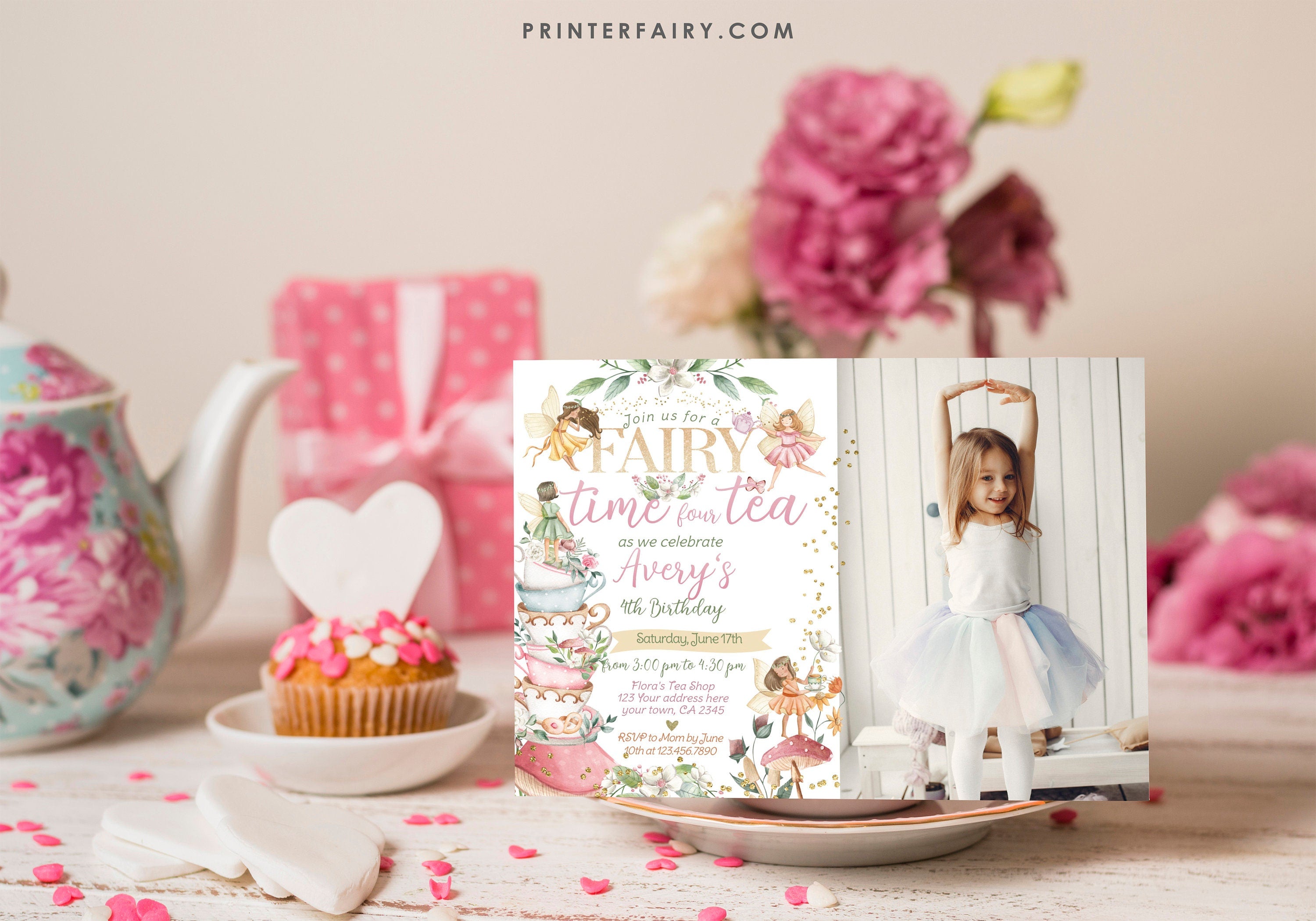 Editable Fairy Tea Party 4th Birthday Invitation with Photo (Digital)