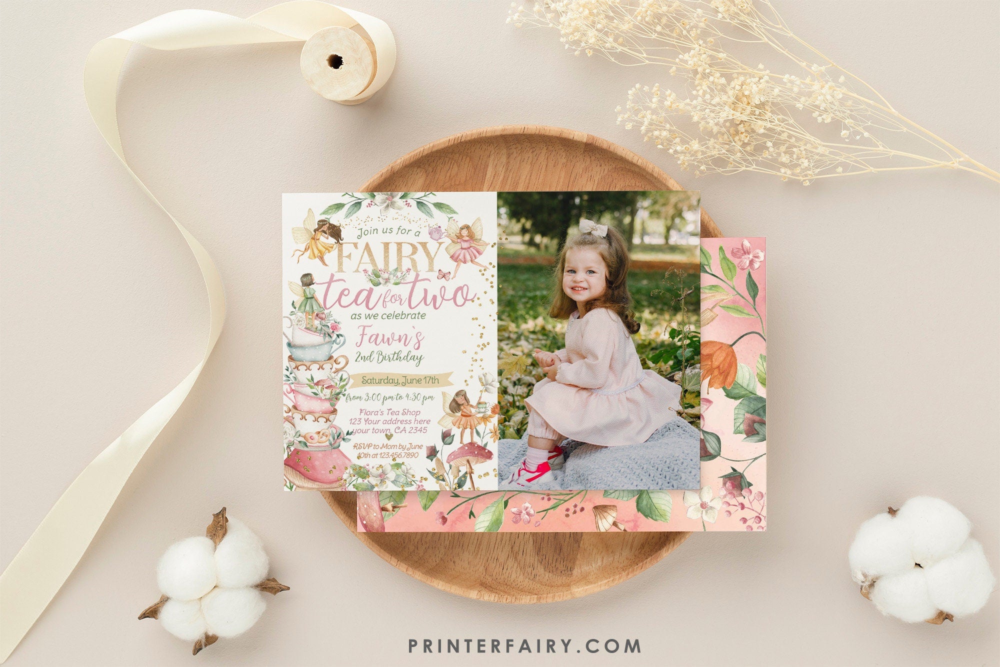 Fairy Tea Party Invitation, Floral 2nd Birthday (Editable Digital Download)