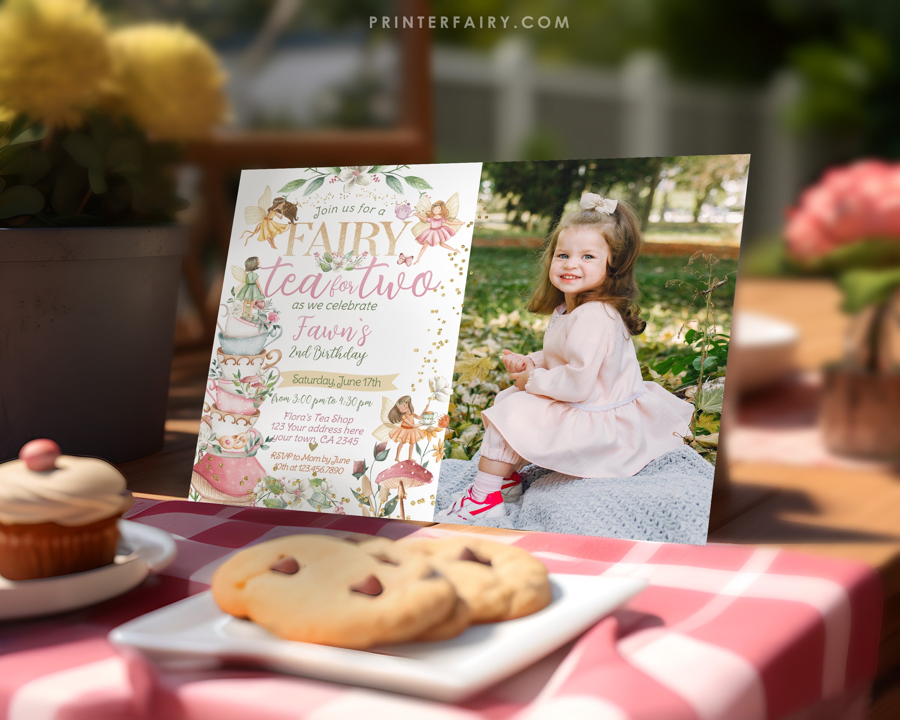 Fairy Tea Party Invitation, Floral 2nd Birthday (Editable Digital Download)