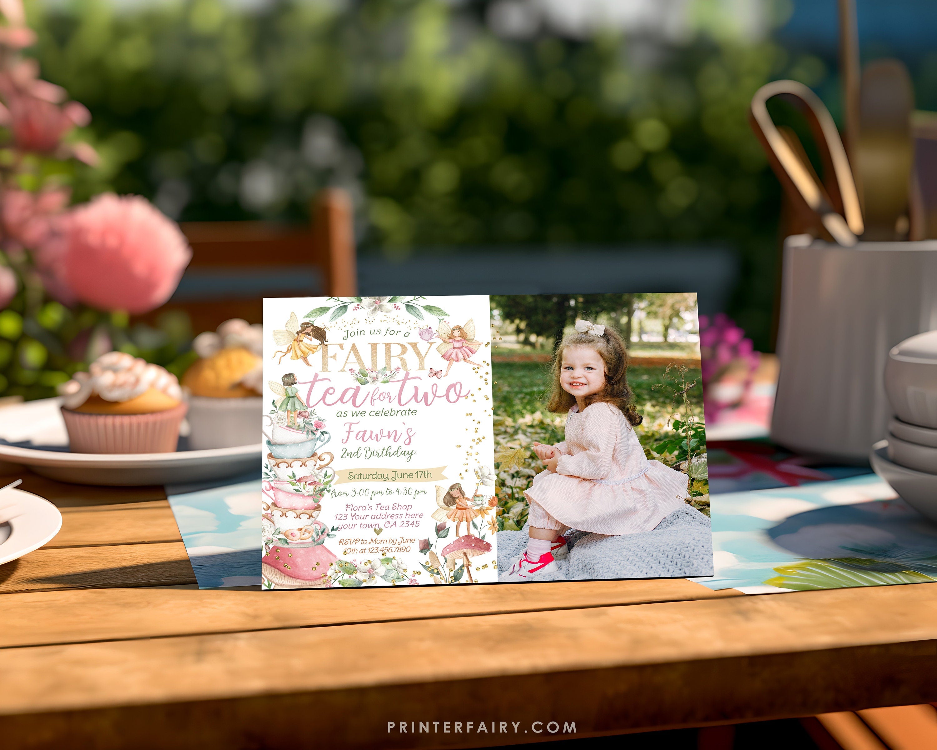 Fairy Tea Party Invitation, Floral 2nd Birthday (Editable Digital Download)