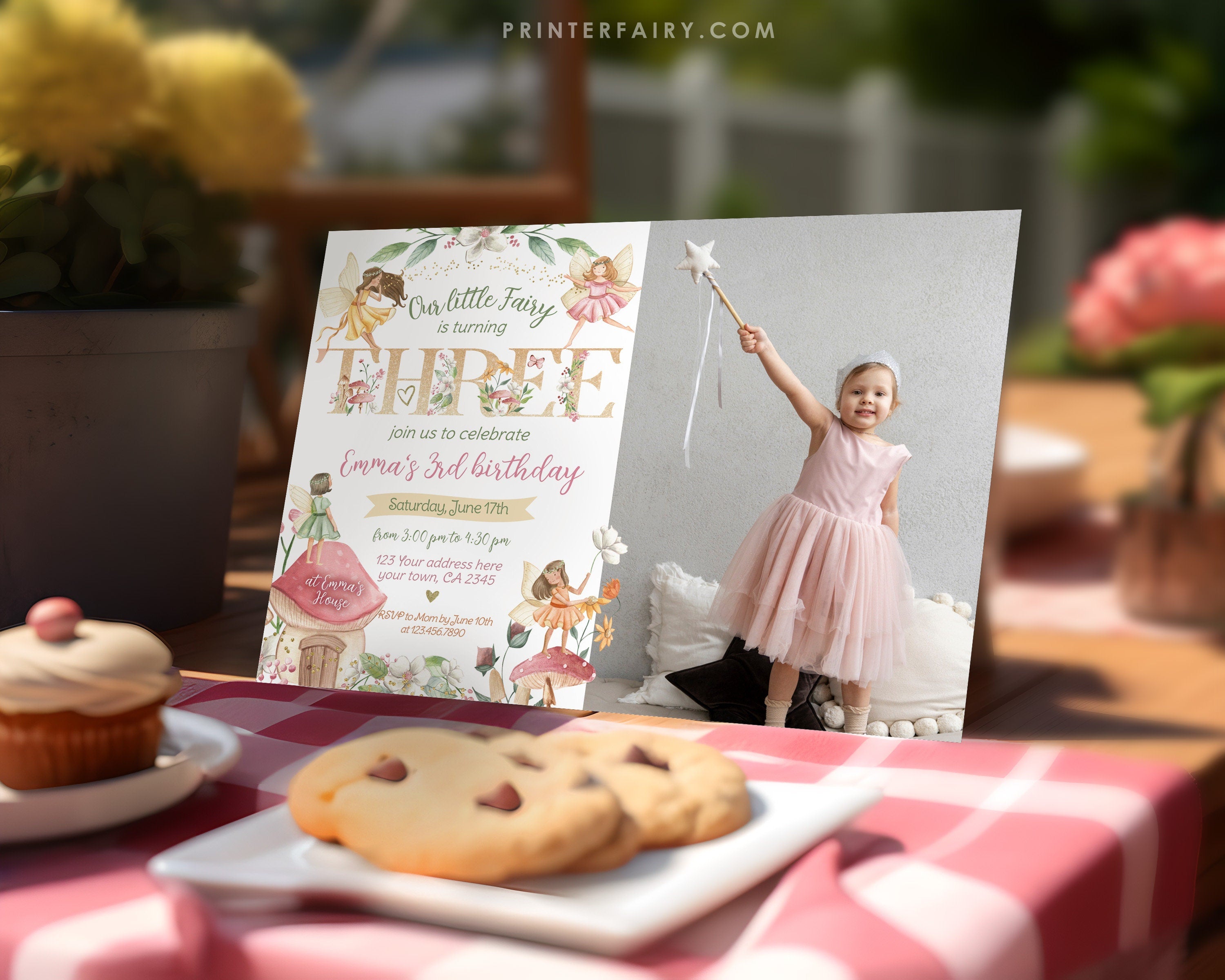 Editable Fairy 3rd Birthday Invitation, Photo, Floral Garden (Digital Item)