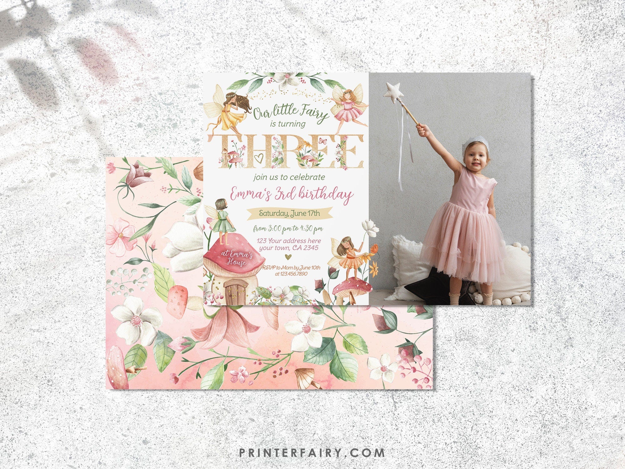 Editable Fairy 3rd Birthday Invitation, Photo, Floral Garden (Digital Item)