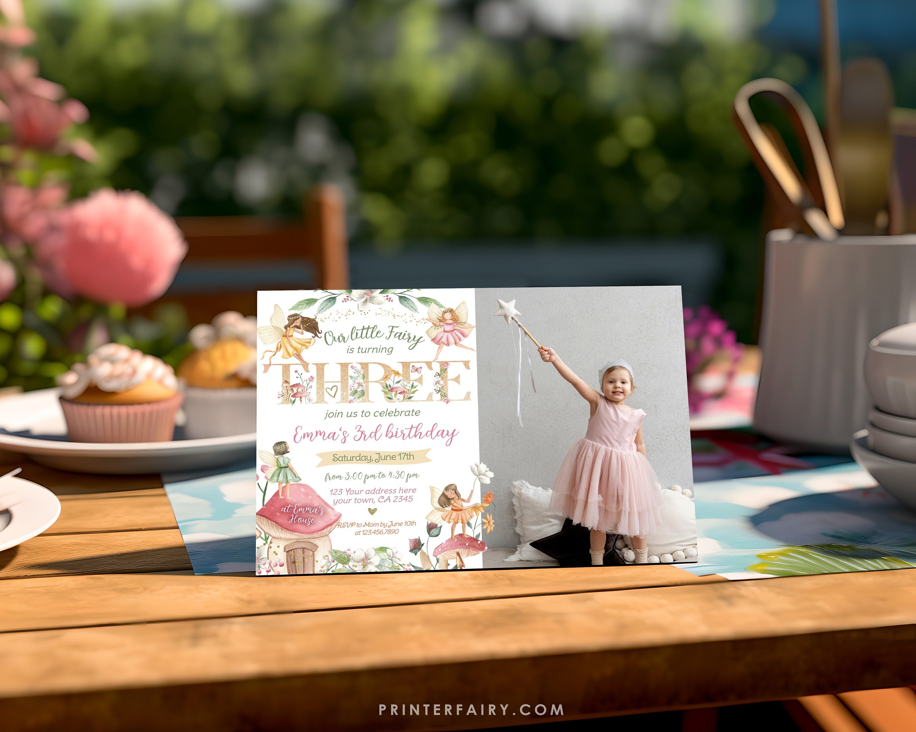 Editable Fairy 3rd Birthday Invitation, Photo, Floral Garden (Digital Item)