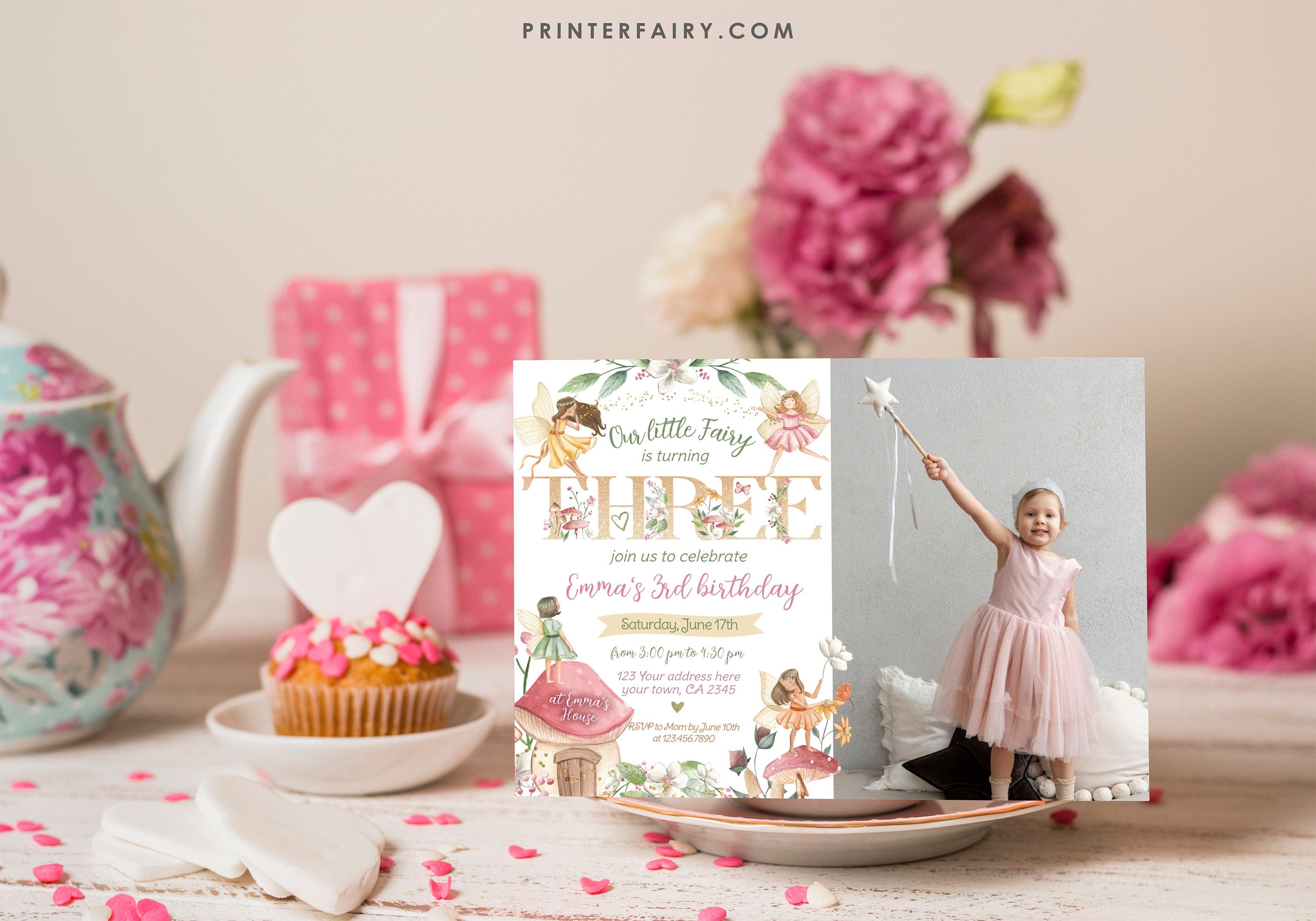 Editable Fairy 3rd Birthday Invitation, Photo, Floral Garden (Digital Item)