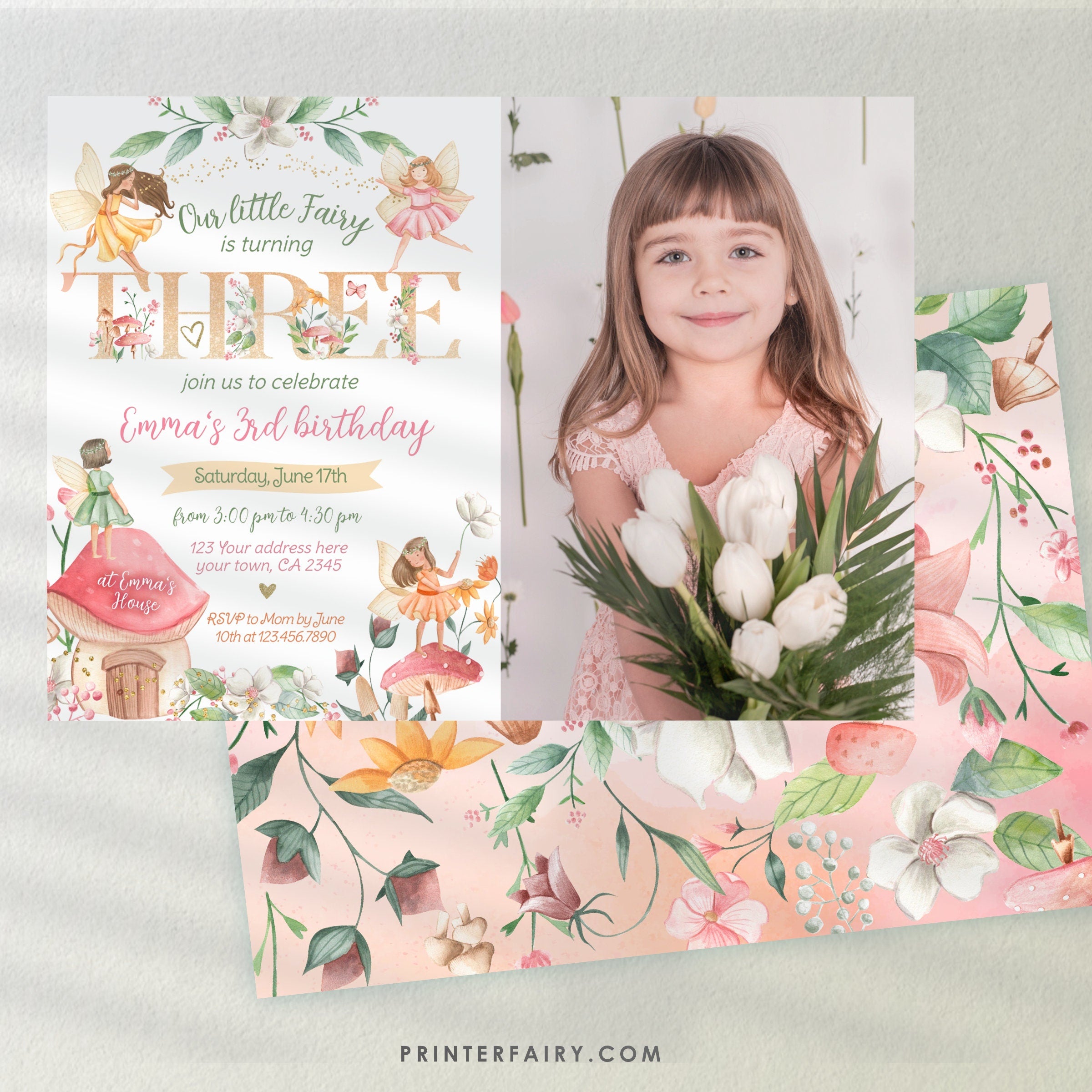 Editable Fairy 3rd Birthday Invitation, Photo, Floral Garden (Digital Item)