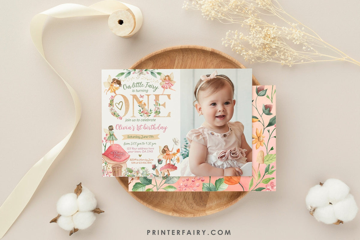 Editable Fairy 1st Birthday Invitation, Fall Floral (Digital Item)