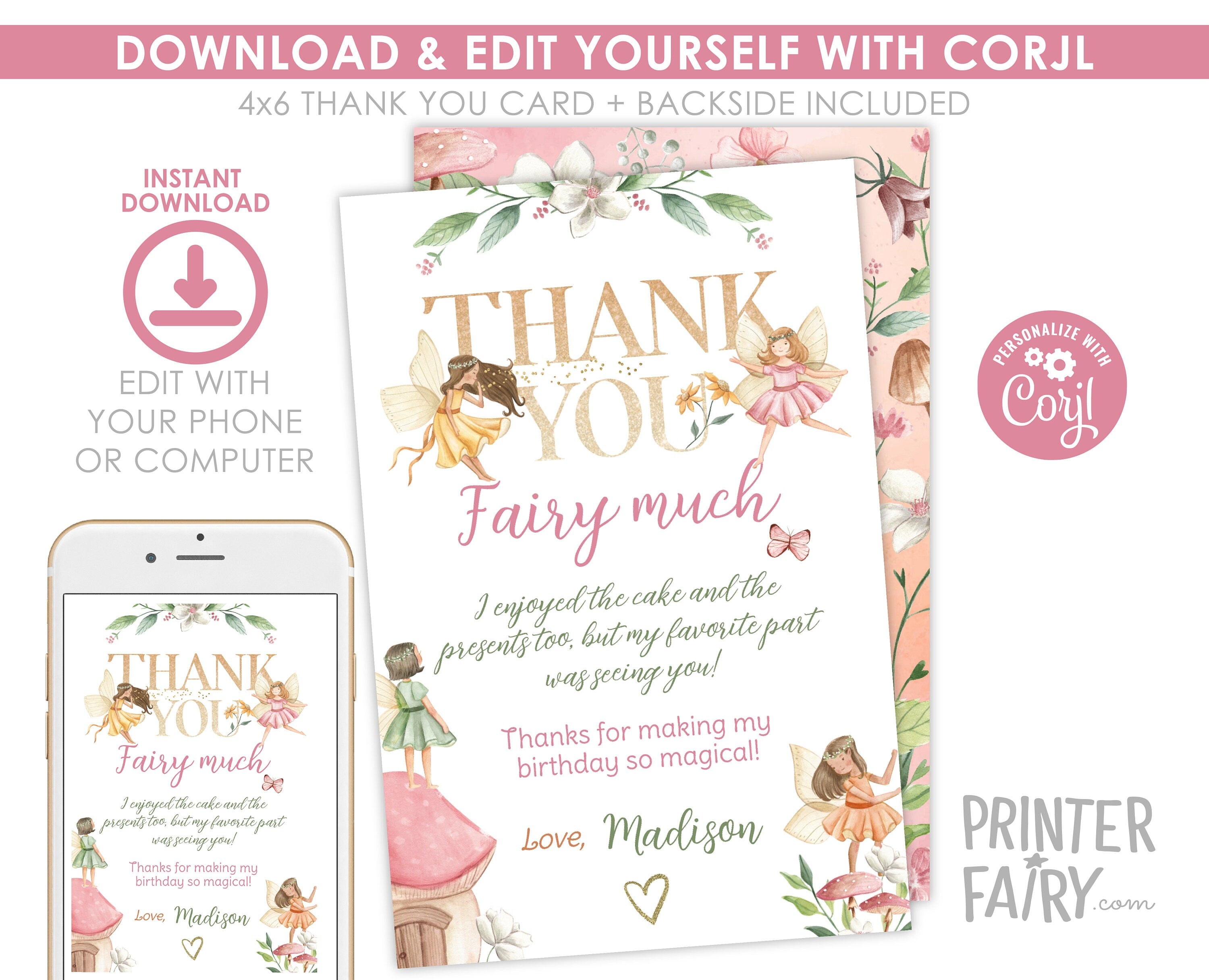 Editable Fairy Birthday Party Kit, Invitation, Thank You Notes (Instant Download)