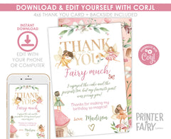 Editable Fairy Birthday Party Kit, Invitation, Thank You Notes (Instant Download)