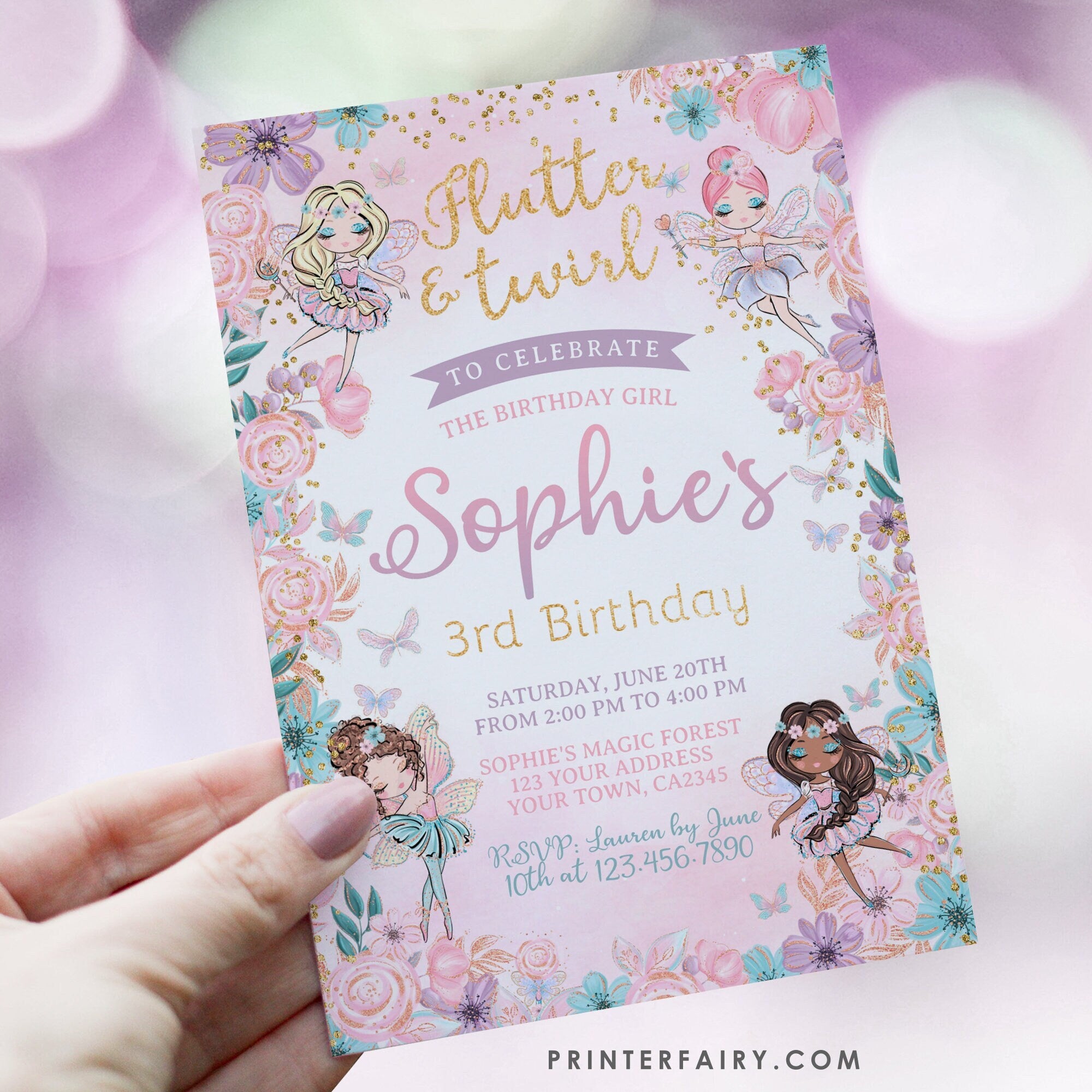 Fairy Ballerina Birthday Invitation, Editable Template (Digital Download)