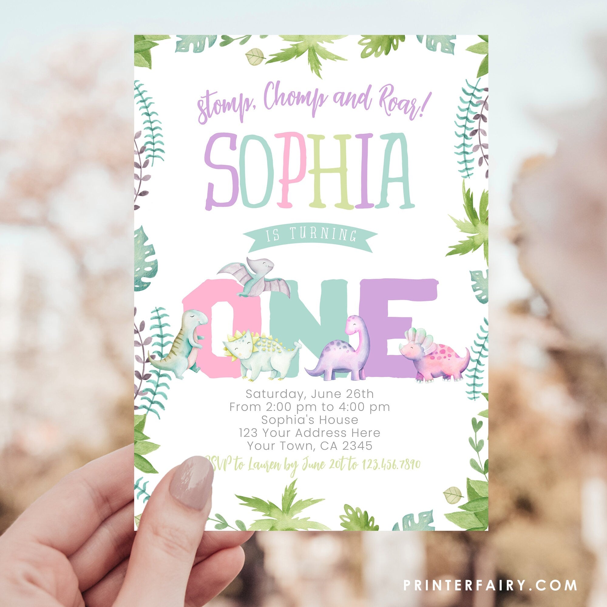 Girl Dinosaur 1st Birthday Invitation, EDITABLE (Instant Download)