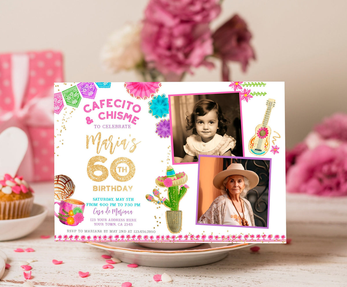 Cafecito y Chisme Fiesta Birthday Invitation with Photo (Digital Download)