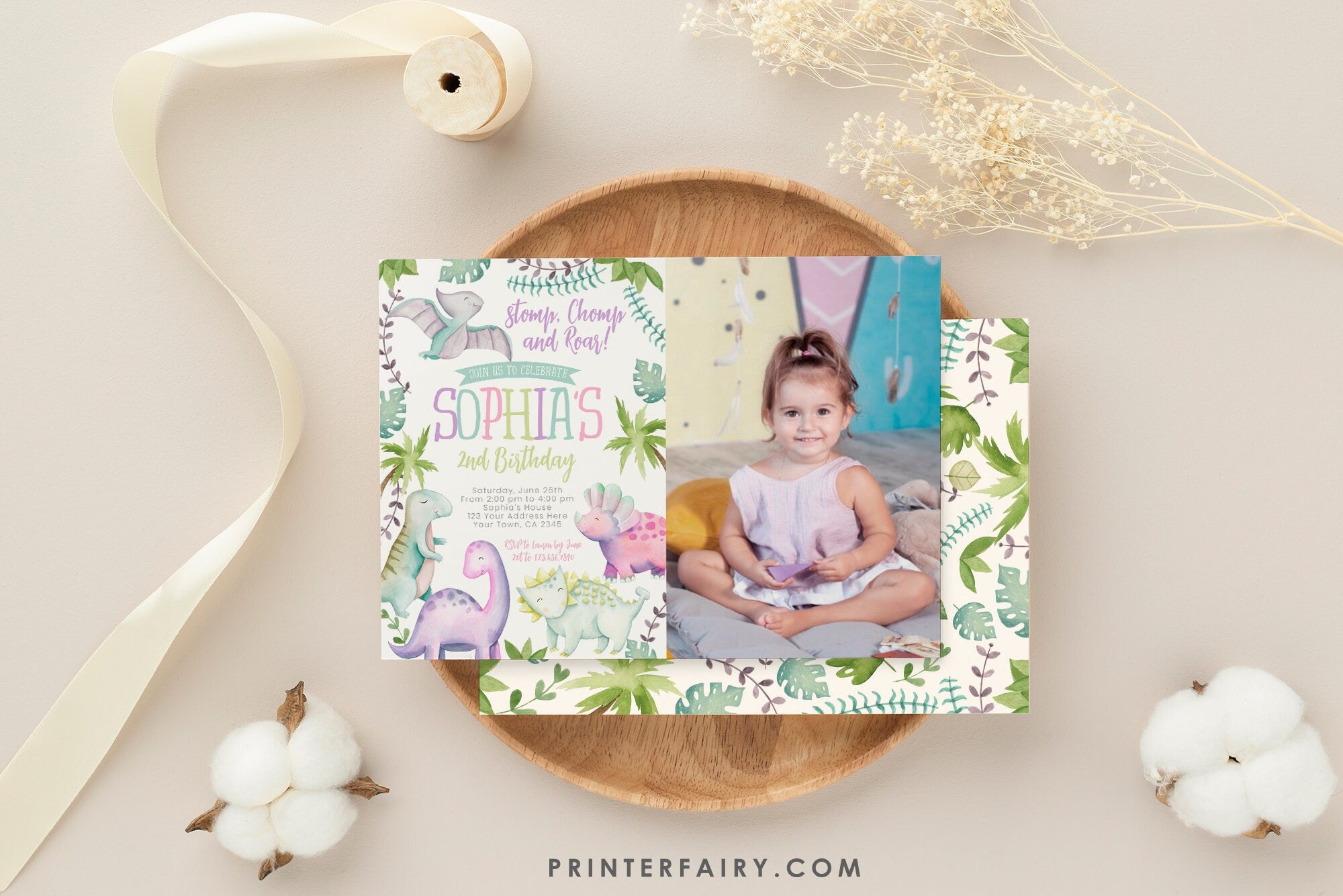 Dinosaur Girl Birthday Invitation with Photo, Editable (Instant Download)