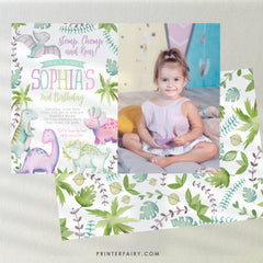 Dinosaur Girl Birthday Invitation with Photo, Editable (Instant Download)