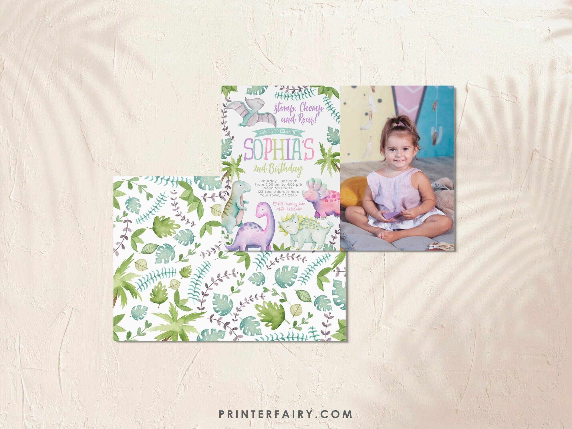 Dinosaur Girl Birthday Invitation with Photo, Editable (Instant Download)