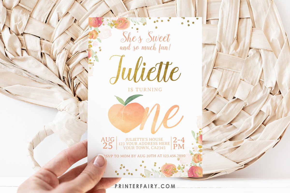Peach First Birthday Invitation, Floral Girl Invite (EDITABLE, INSTANT DOWNLOAD)