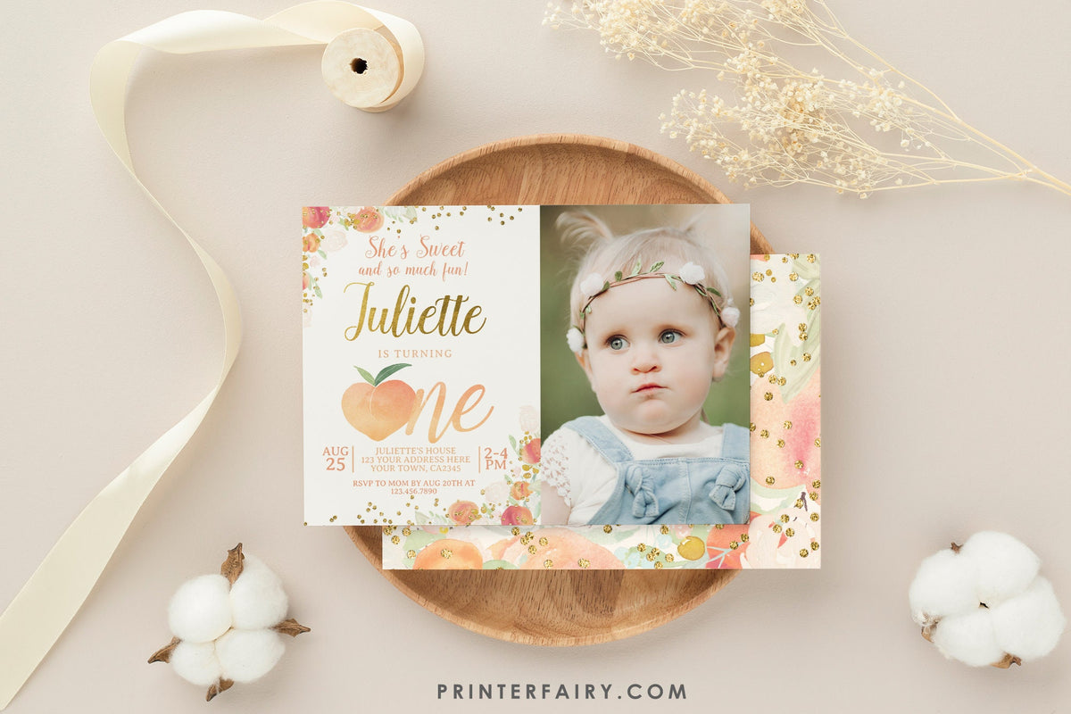 Peach First Birthday Invitation, Editable Floral Girl Invite (Digital Download)