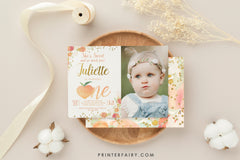 Peach First Birthday Invitation, Editable Floral Girl Invite (Digital Download)