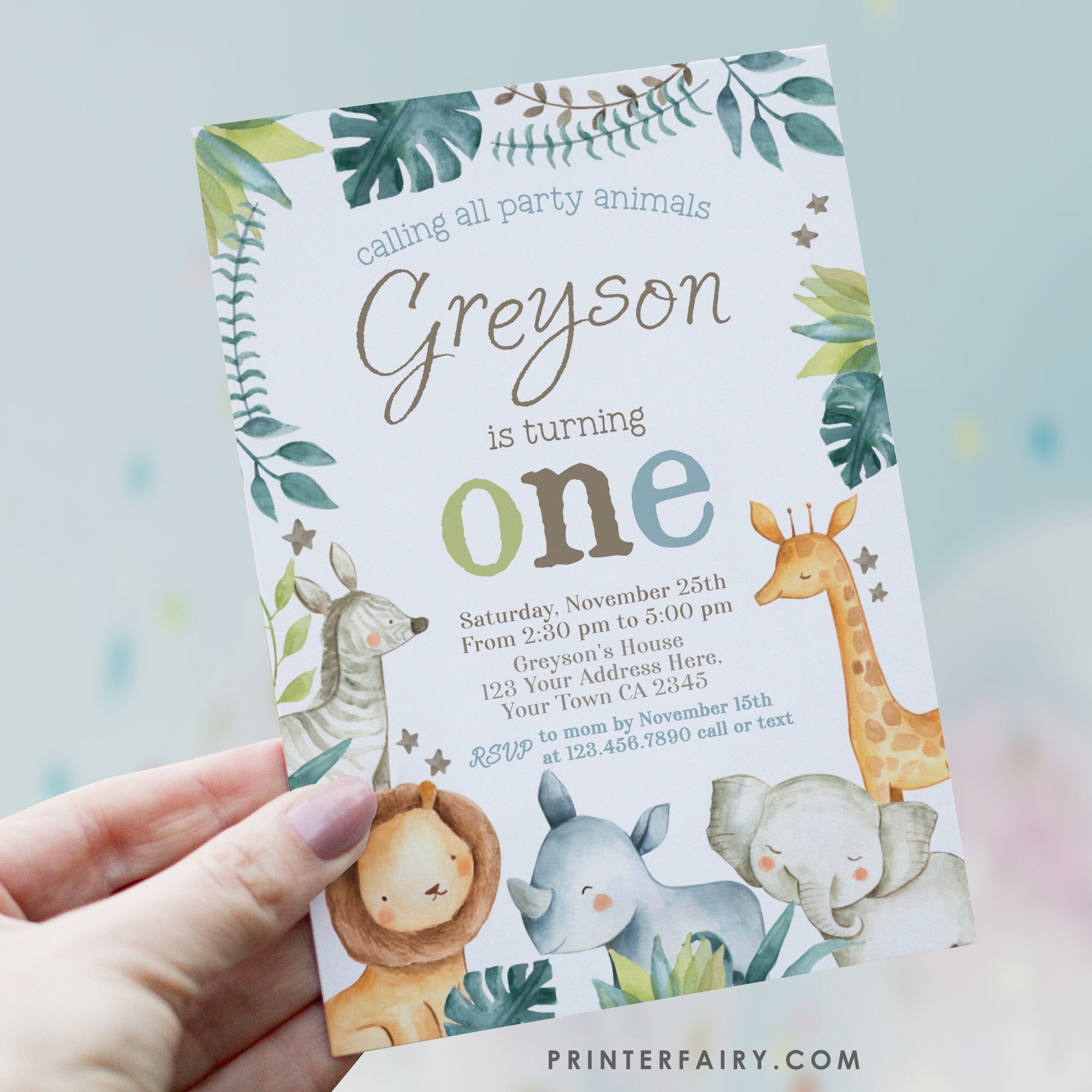 Safari 1st Birthday Editable Invitation with Greenery, Lion, Giraffe, Zebra, Rhino, Elephant Instant Download